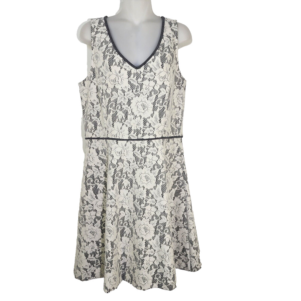 Ann Taylor Womens Dress 8 Gray White Lace Floral Fit and Flare Lined V Neck Zip